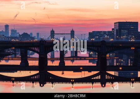 England, London, Southwark, London Bridge City, Reflections of Thames Bridges at Dawn