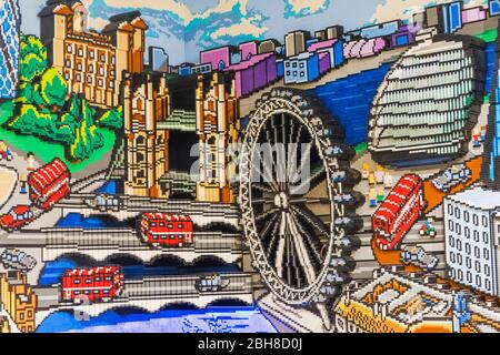 England, London, Leicester Square, Lego Store, Lego Mural of London Scenes Stock Photo