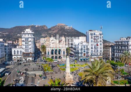 Argelia, Oran city, First of November Square, Liberty Monument and Regional Theater Stock Photo