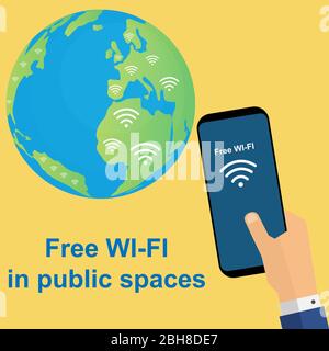 Man holding a smartphone with the text free wifi near the earth globe Stock Vector