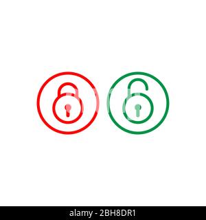 Lock Unlock Outline icon symbol. Security design element. Padlock vector illustration. Protection symbol isolated on white background. Red and Green Stock Vector