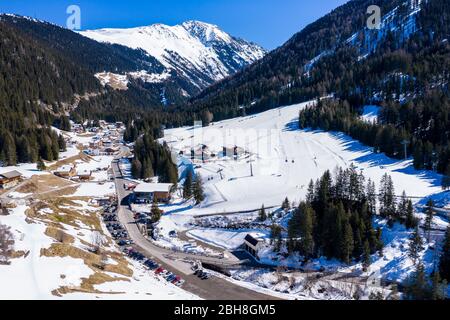 Aerial view, Ochsengarten, Kühtai pass road, Stubai Alps, Tyrol, Austria Stock Photo