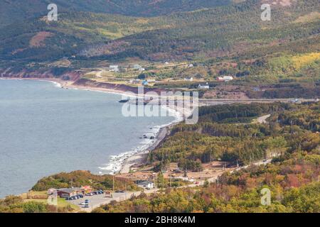 Canada, Nova Scotia, Cabot Trail, Pleasant Bay, Cape Breton Highlands National Park, elevated view of Pleasant Bay Stock Photo