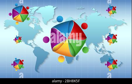 colorful pentagon with dots on world map background Stock Vector