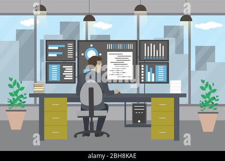 System Administrator working in modern office,workplace interior with furniture,office worker back view,flat vector illustration Stock Vector