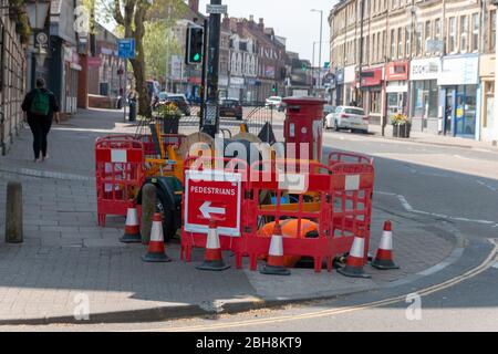 Bristol-April 2020-England- a close up view of construction workings fixing and replacing underground wiring Stock Photo