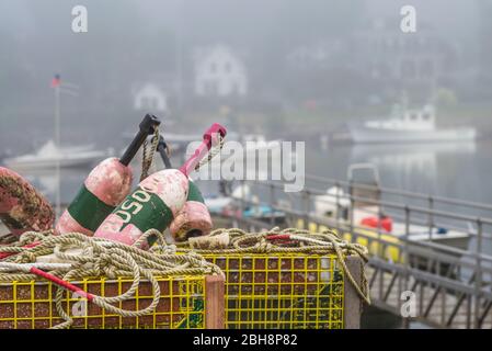 USA, New England, Massachusetts, Cape Ann, Gloucester, lobster buoys in fog Stock Photo