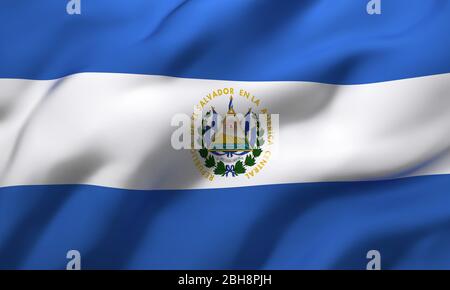 Flag of El Salvador blowing in the wind. Full page Salvadoran flying flag. 3D illustration. Stock Photo