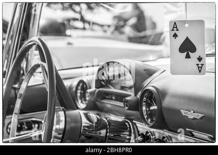 USA, New England, Massachusetts, Cape Ann, Gloucester, antique car, antique car interior and ace of spades card Stock Photo