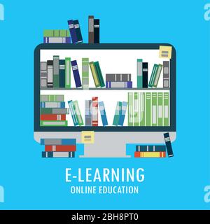Books on monitor screen,online library,education concept flat design,vector illustration Stock Vector