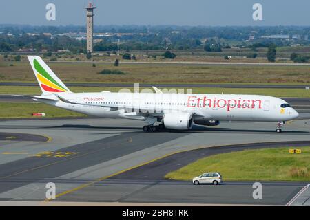 Ethiopian Airlines Airbus A350 before departure to Addis Abeba, Ethiopia. A350-900 aircraft registered as ET-AUB at O. R. Tambo International Airport.