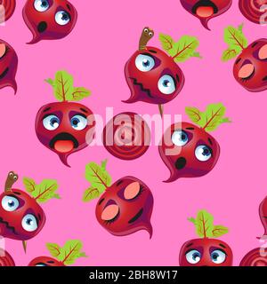 Cute seamless pattern with cartoon emoji beetroot on pink background Stock Vector