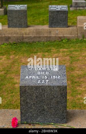 Canada, Nova Scotia, Halifax, Fairview Lawn Cemetery, gravesites of victims  of the HMS Titanic sinking in 1912, grave of J. Dawson, name used for the  Leonardo DiCaprio character of Jack Dawson in