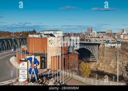 Canada, New Brunswick, Saint John, city skyine and the Reversing Falls Bridge Stock Photo