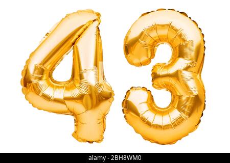 Number 43 forty three made of golden inflatable balloons isolated on white. Helium balloons, gold foil numbers. Party decoration, anniversary sign for Stock Photo