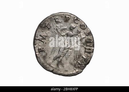 Silver Roman coin, reverse of denarius of the emperor Trajan Augustus AD98-117, Rome mint Stock Photo
