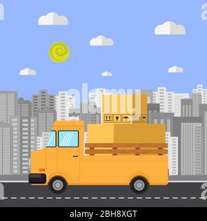 Fast Delivery Logo Design with Paper Box on Orange Truck. Side View Stock Vector