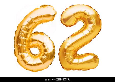 Number 62 sixty two made of golden inflatable balloons isolated on white. Helium balloons, gold foil numbers. Party decoration, anniversary sign for Stock Photo