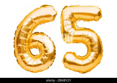 Number 65 sixty five made of golden inflatable balloons isolated on white. Helium balloons, gold foil numbers. Party decoration, anniversary sign for Stock Photo