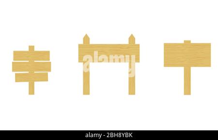 Set of three light brown wooden signs with empty panels. One sign has three panels. Vectors have a cartoon, clip art, flat design style. Stock Vector