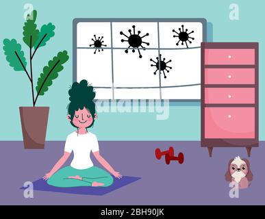 girl practicing yoga on floor in room with dog and gym weight, exercises at home vector illustration Stock Vector