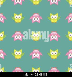 Owl stylized art seemless pattern green colors Stock Vector
