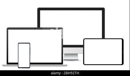 Set of realistic design of different devices desktop, laptop, tablet and smartphone with a blank empty screen. Mock up template monitors and gadgets Stock Vector