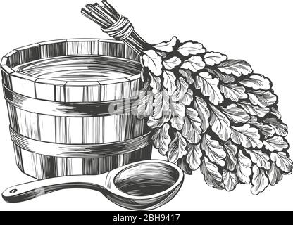 bath accessories, Russian sauna, water, steam broom, hand drawn vector illustration realistic sketch. Stock Vector