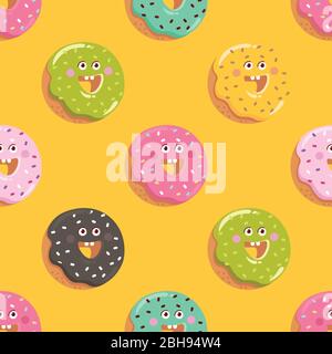 Funny cartoon donut pattern. Happy donut on yellow background. Vector illustration. Stock Vector