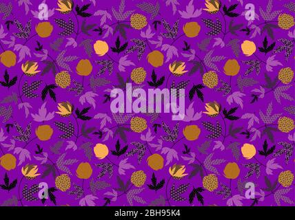 Flowers on dark violet background. Summer floral seamless pattern. Vector illustration patch work for wrapper, cloth, linens Stock Vector