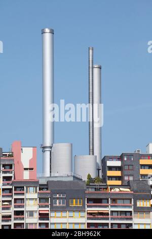 Skyscrapers Ihme center. Chimneys of the heating power plant Linden, district Linden-Mitte, Hannover, Lower Saxony, Germany, Europe Stock Photo