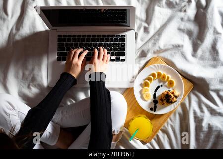 Woman working with the laptop and having breakfast in bed. Stock Photo