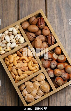 Various nuts in wooden box Stock Photo
