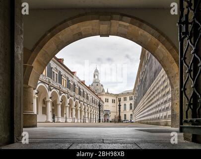 View through the archway into the stable yard, part of the Residenzschloss, Old Town, Dresden, Saxony, Germany Stock Photo