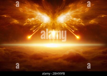 Apocalyptic religious background - end of the world, battle of armageddon, forces of evil destroy humanity. Elements of this image furnished by NASA Stock Photo
