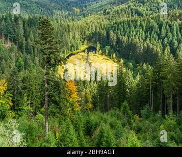 Germany, Baden-Württemberg, Freudenstadt-Kniebis, Ellbachsee, glacial Karsee, surrounded by forest, seen from Ellbachseeblick at Kniebis in the northern Black Forest. Stock Photo