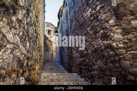 Old stone stairs in Girona in autumn. Stock Photo