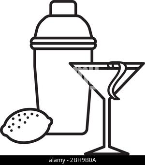 Cosmopolitan cocktail, shaker and lemon vector line icon. Famous alcoholic drink outloine symbol Stock Vector