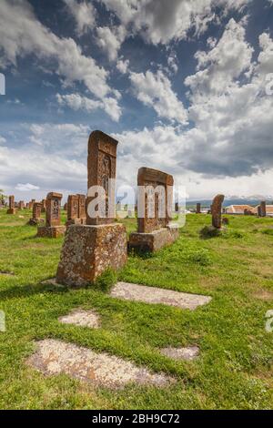 Armenia, Lake Sevan, Noratus, town cemetery, ancient khachkar monuments Stock Photo