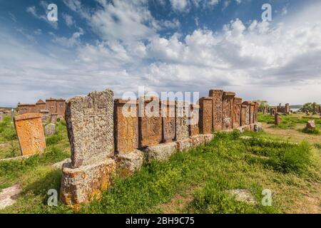 Armenia, Lake Sevan, Noratus, town cemetery, ancient khachkar monuments Stock Photo