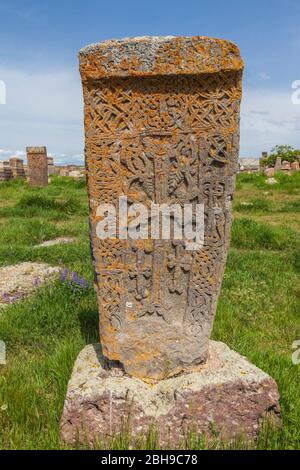 Armenia, Lake Sevan, Noratus, town cemetery, ancient khachkar monuments Stock Photo