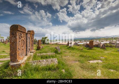 Armenia, Lake Sevan, Noratus, town cemetery, ancient khachkar monuments Stock Photo