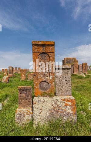 Armenia, Lake Sevan, Noratus, town cemetery, ancient khachkar monuments Stock Photo