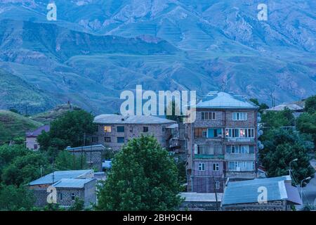 Armenia, Yeghegnadzor, high angle town skyline, dawn Stock Photo