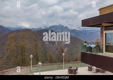 Azerbaijan, Qabala, Gabala, Tufandag Ropeway, cable car station cafe at 1660 meters, visitors, no releases Stock Photo