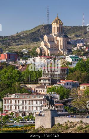 Georgia, Tbilisi, Tsminda Sameba Cathedral, elevated view Stock Photo