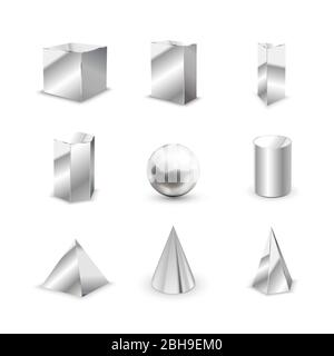 Set of basic elementary geometric shapes, blank glossy metal 3d primitives on white Stock Vector