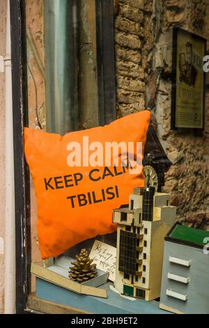 Georgia, Tbilisi, Old Town, souvenir shop, Keep Calm Tbilisi pillow Stock Photo