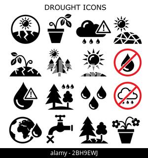 Drought, natural disaster, climate change vector icons set - no water for plants, in gardens and forests Stock Vector
