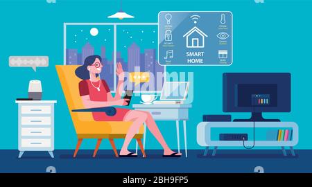 Woman controlled a Modern Smart Home by a smartphone. Lifestyle concept. Vector illustration. Stock Vector